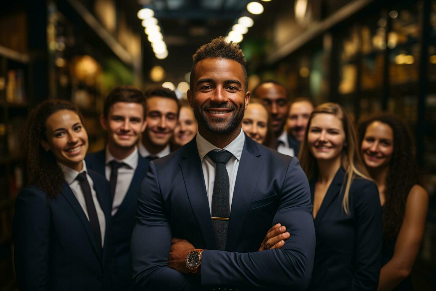Ai Generative group of happy business man and business women, dressed in suits are smiling, in the office photo