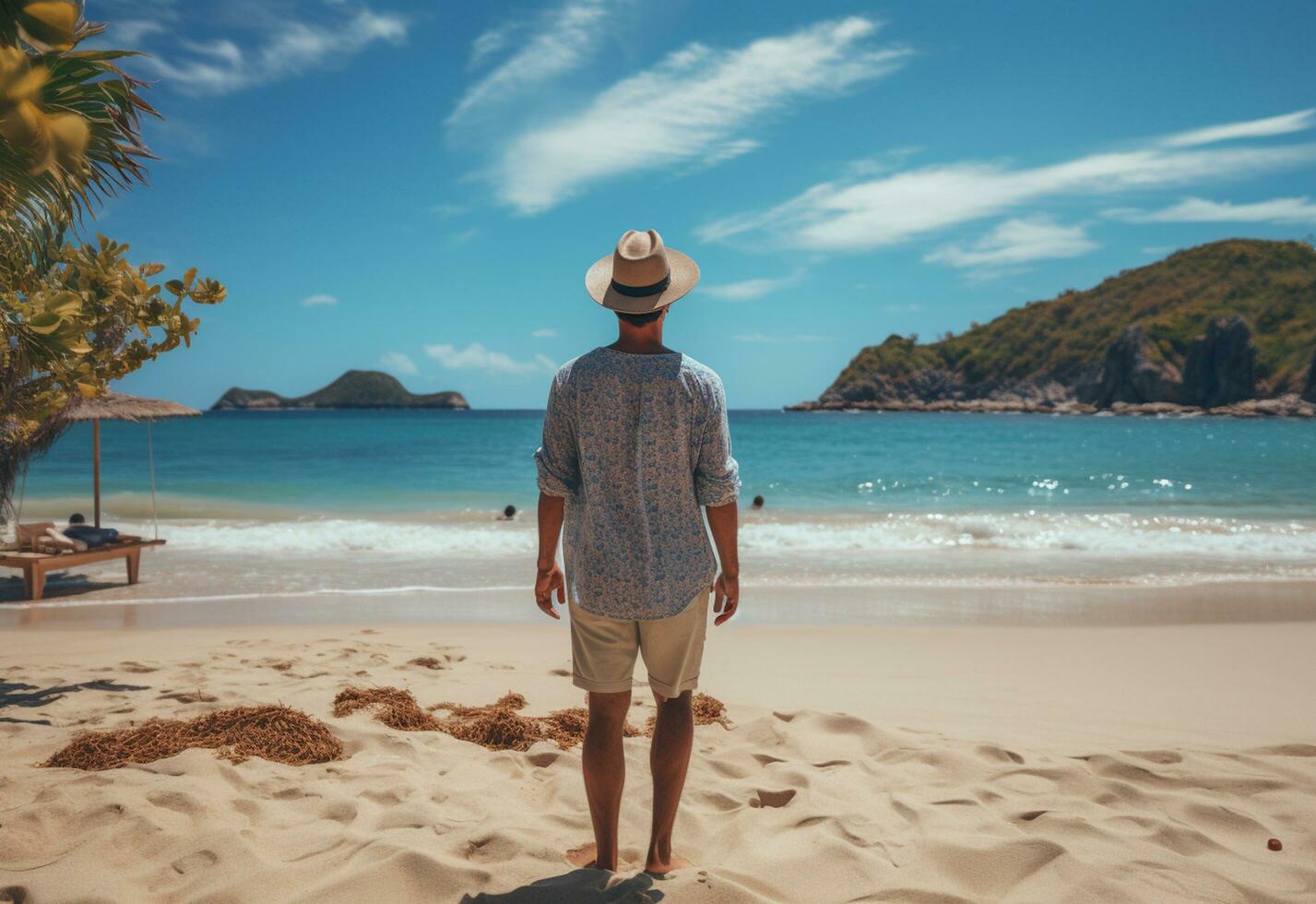 Ai generative back view young tourist man in summer dress and hat standing on beautiful sandy beach. enjoying. photo