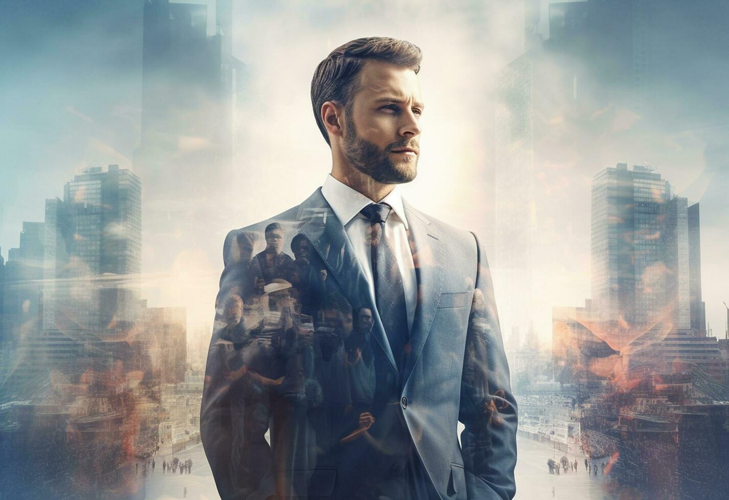 Ai generative A Double Exposure of a Businessman in the Cityscape Embodies Success and Future Plans photo