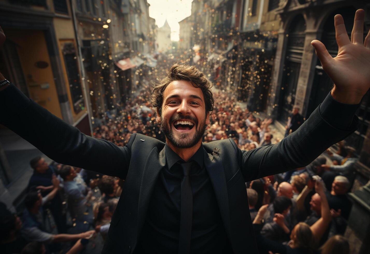 sucessfull business man celebrate his sucess on a crowded street morning picture taken from drone realistic image, ultra hd, high design very detailed photo