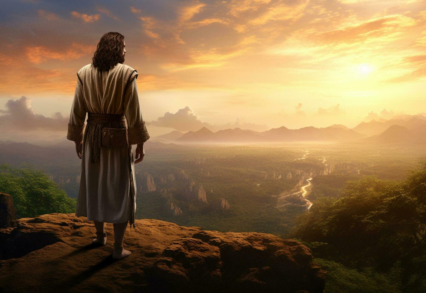 Ai generative Jesus Christ in the Hills at Sunset in Bolta realistic image, ultra hd, high design very detailed 8K photo