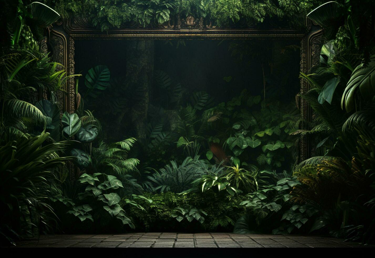 Ai Generative Beautiful jungle background with border made of tropical leaves backdrop with copy space photo