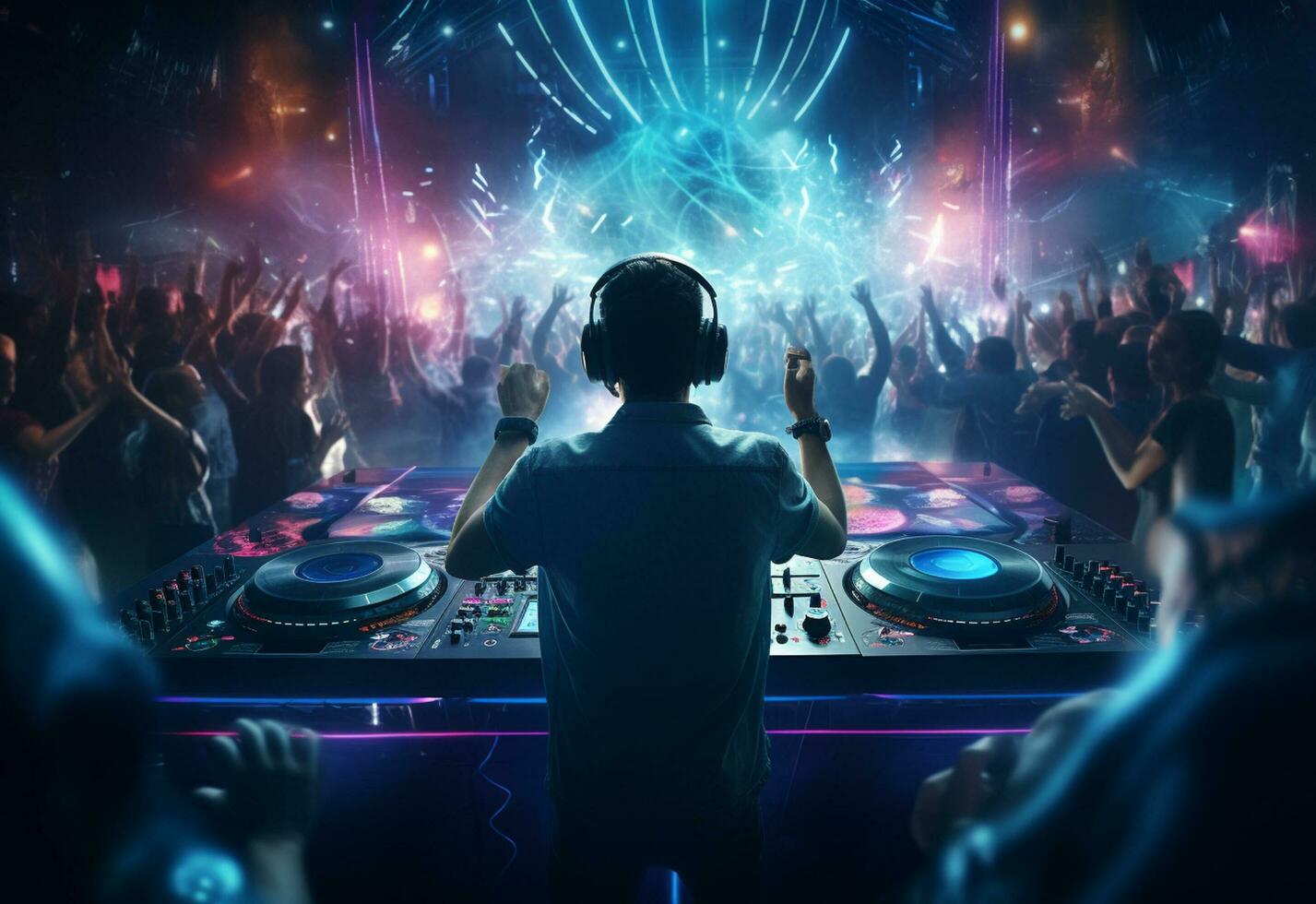 Ai generative DJ playing and mixing music in nightclub party at night . EDM dance music club with crowd of young people photo