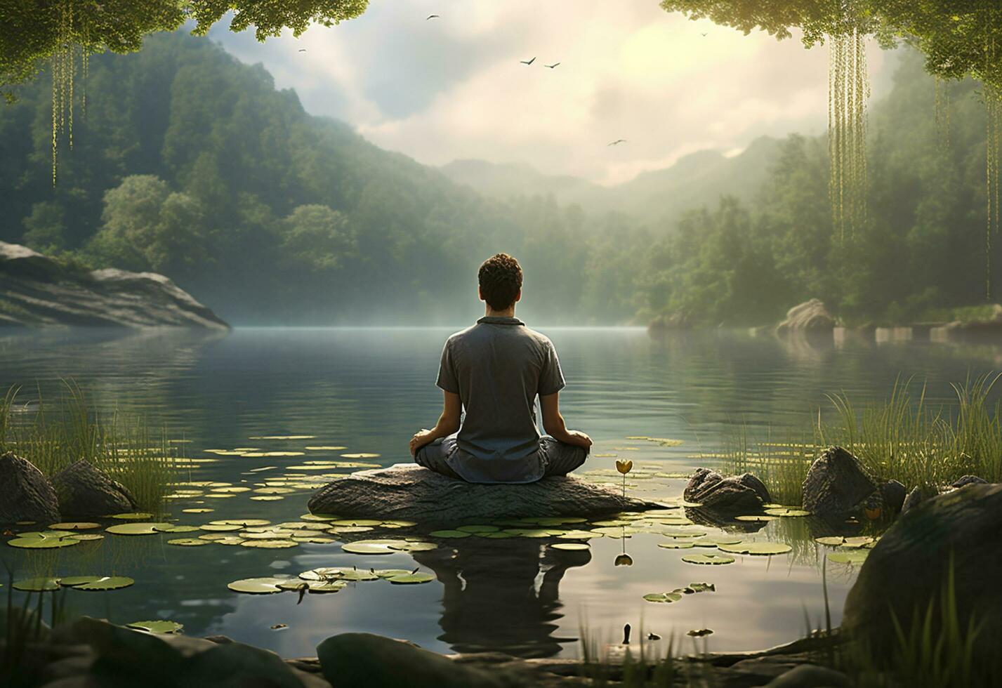 ai generative photo of a man practicing mindfulness and meditation in a peaceful natural environment sony A7s realistic image, ultra hd, high design very detailed