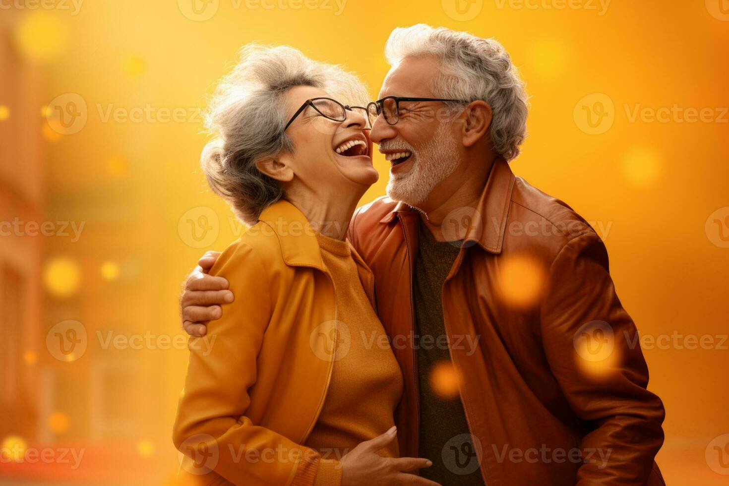 a elderly couple dancing happily and looking to each other in happiness photo