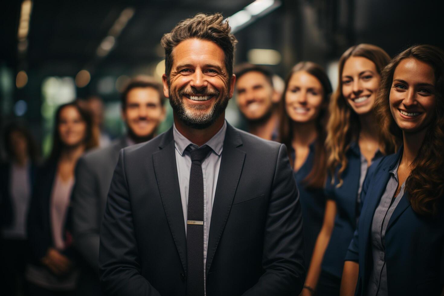 Ai Generative group of happy business man and business women, dressed in suits are smiling, in the office photo