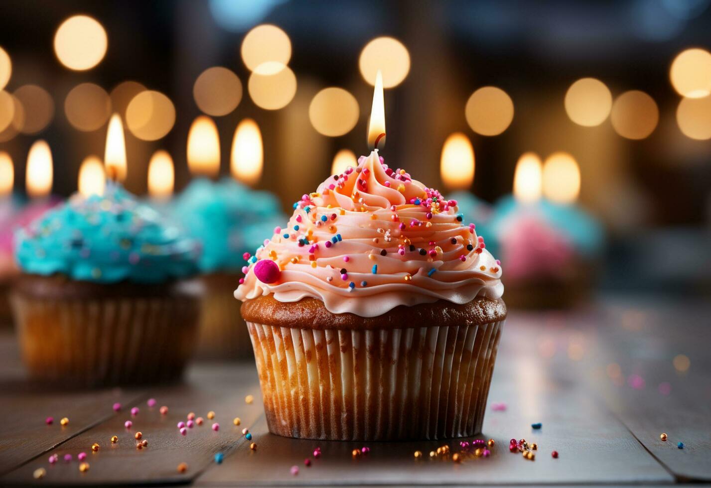 Ai generative birthday cupcakes with blur background colorful balloons realistic image, ultra hd, high design very photo