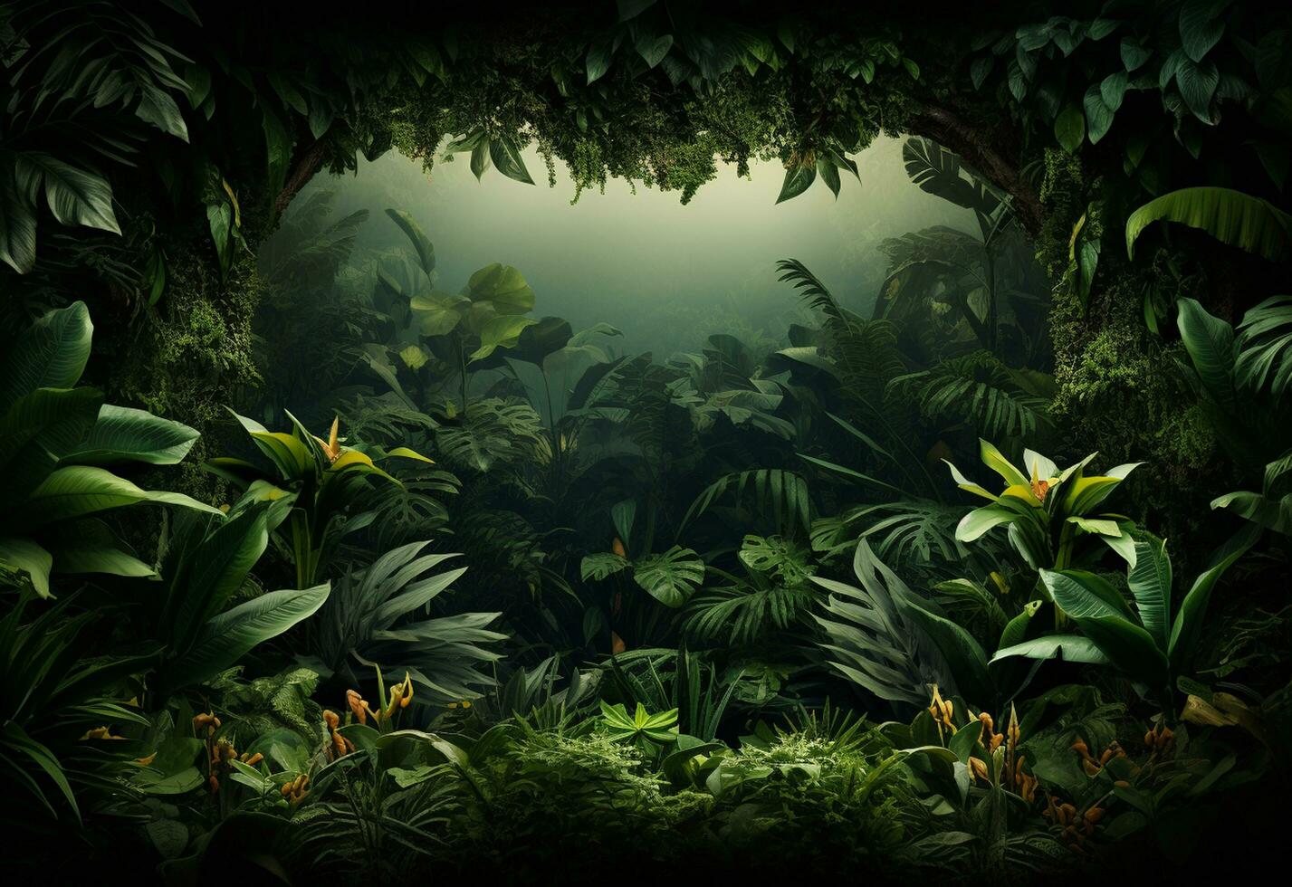 Ai Generative Beautiful jungle background with border made of tropical leaves backdrop with copy space photo