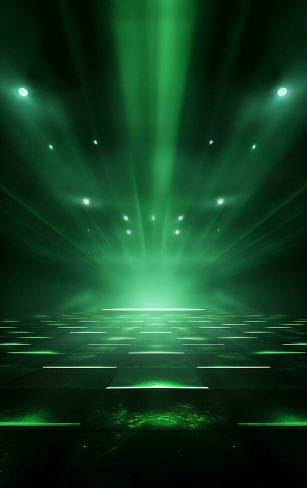 Ai generative Backdrop With Illumination Of green Spotlights For Flyers realistic image, ultra hd, high design very detailed photo