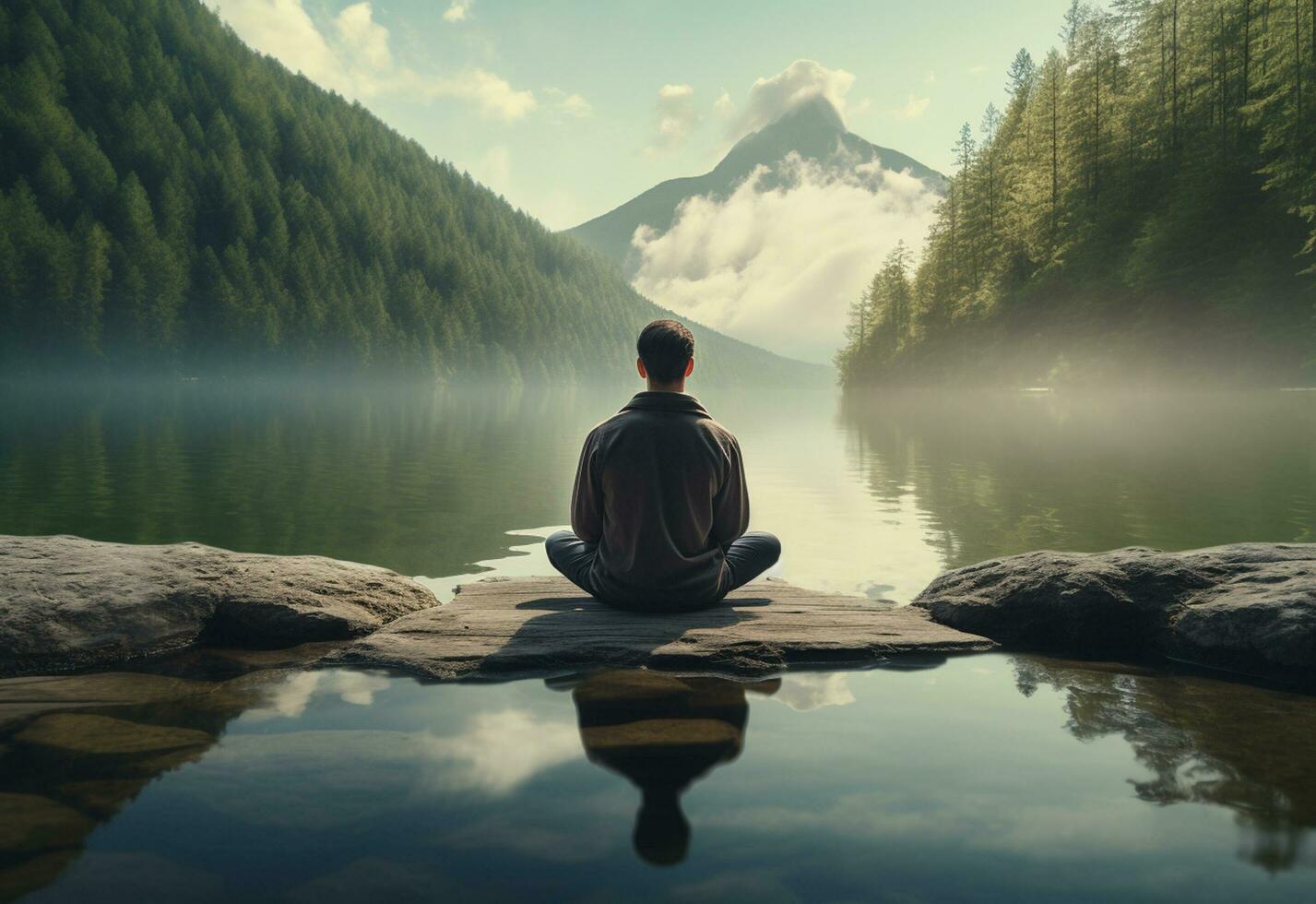 ai generative photo of a man practicing mindfulness and meditation in a peaceful natural environment sony A7s realistic image, ultra hd, high design very detailed