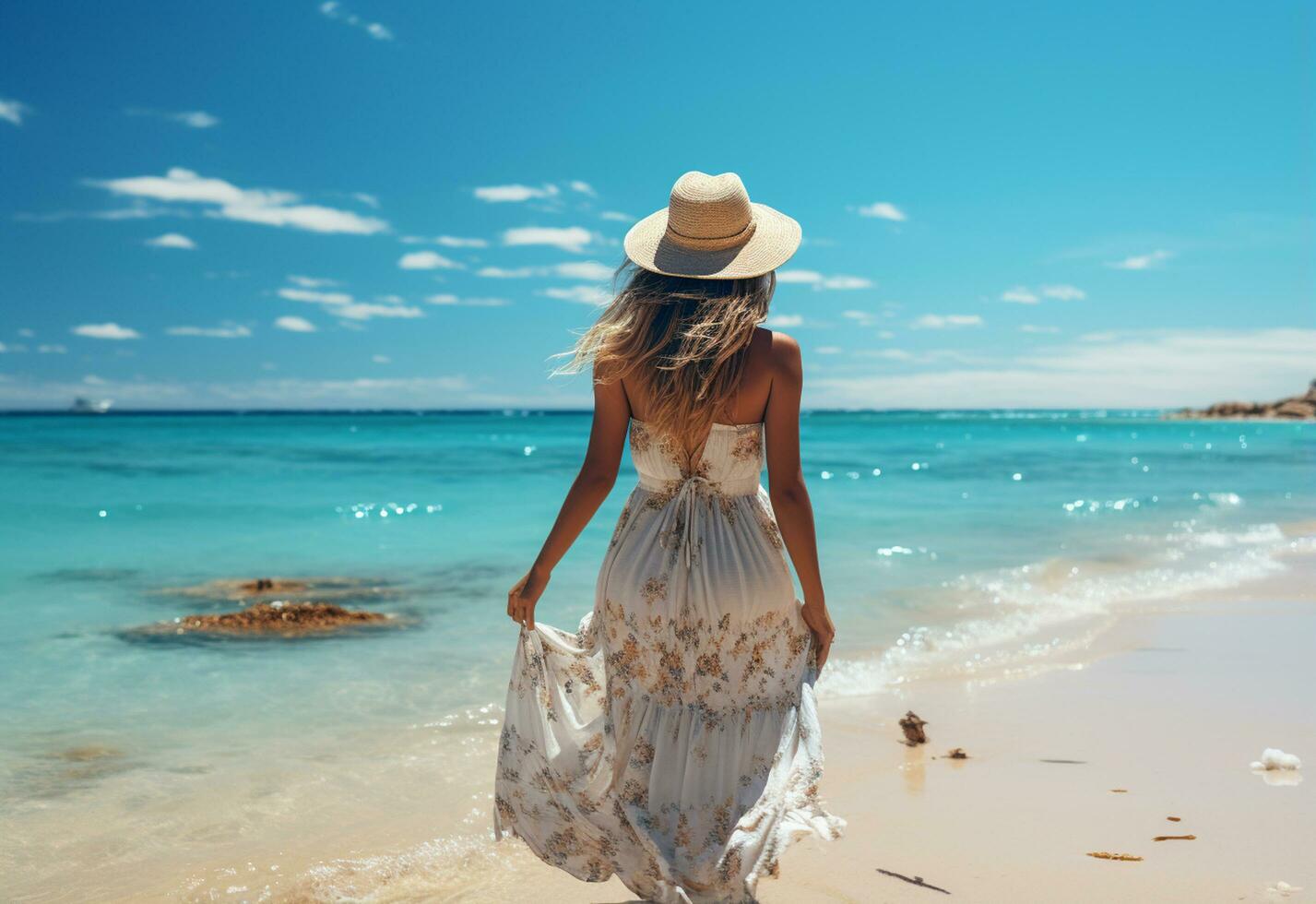Ai generative young tourist woman in summer dress and hat standing on beautiful sandy beach. Cute girl enjoying photo
