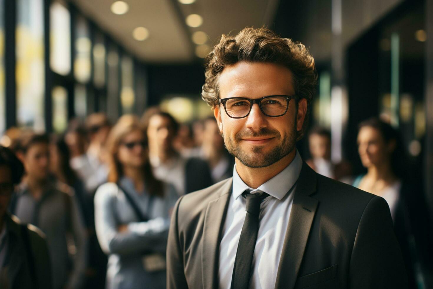Ai Generative group of happy business man and business women, dressed in suits are smiling, in the office photo