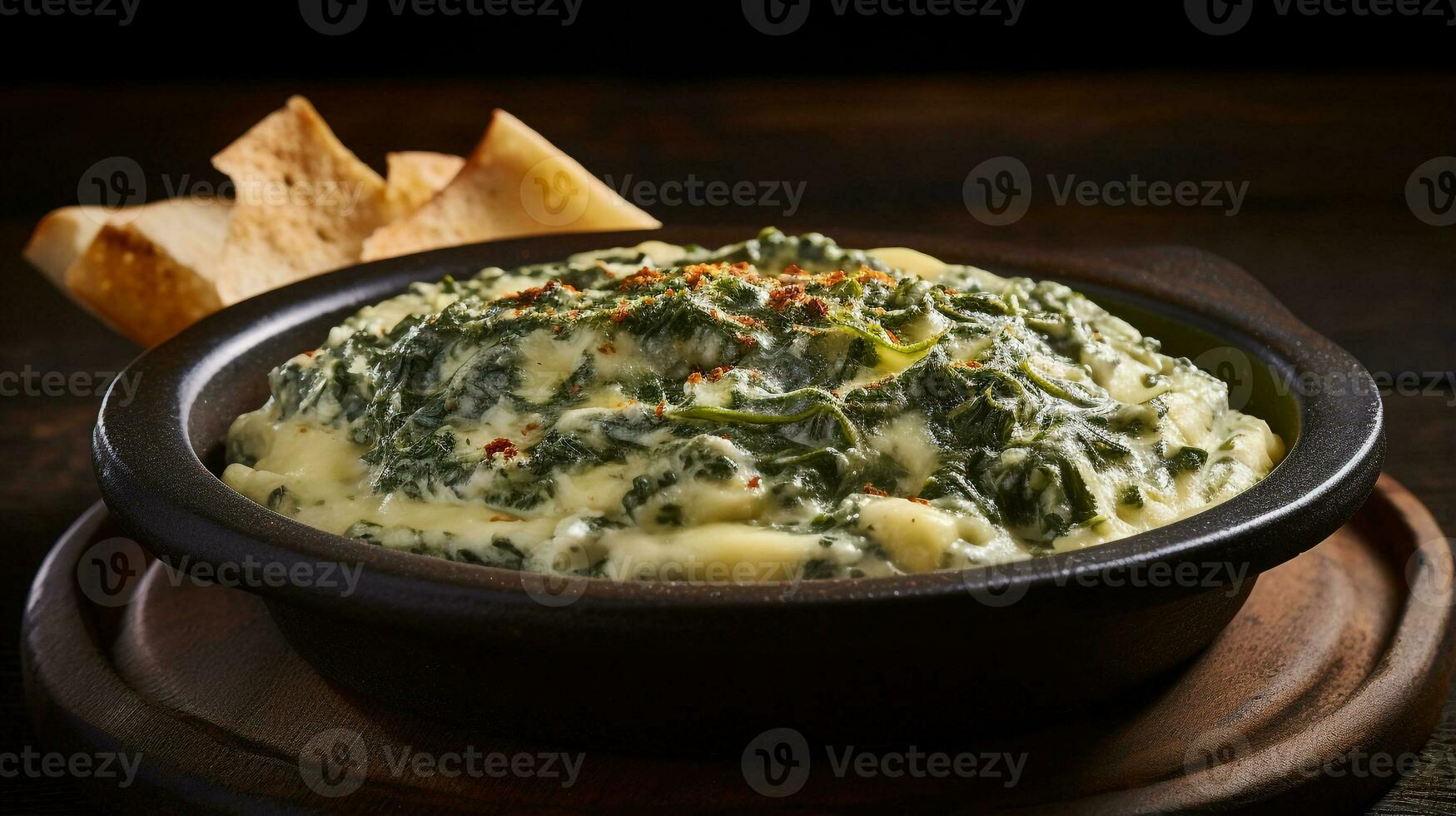 Photo of Spinach and Cheese Dip as a dish in a high-end restaurant. Generative AI