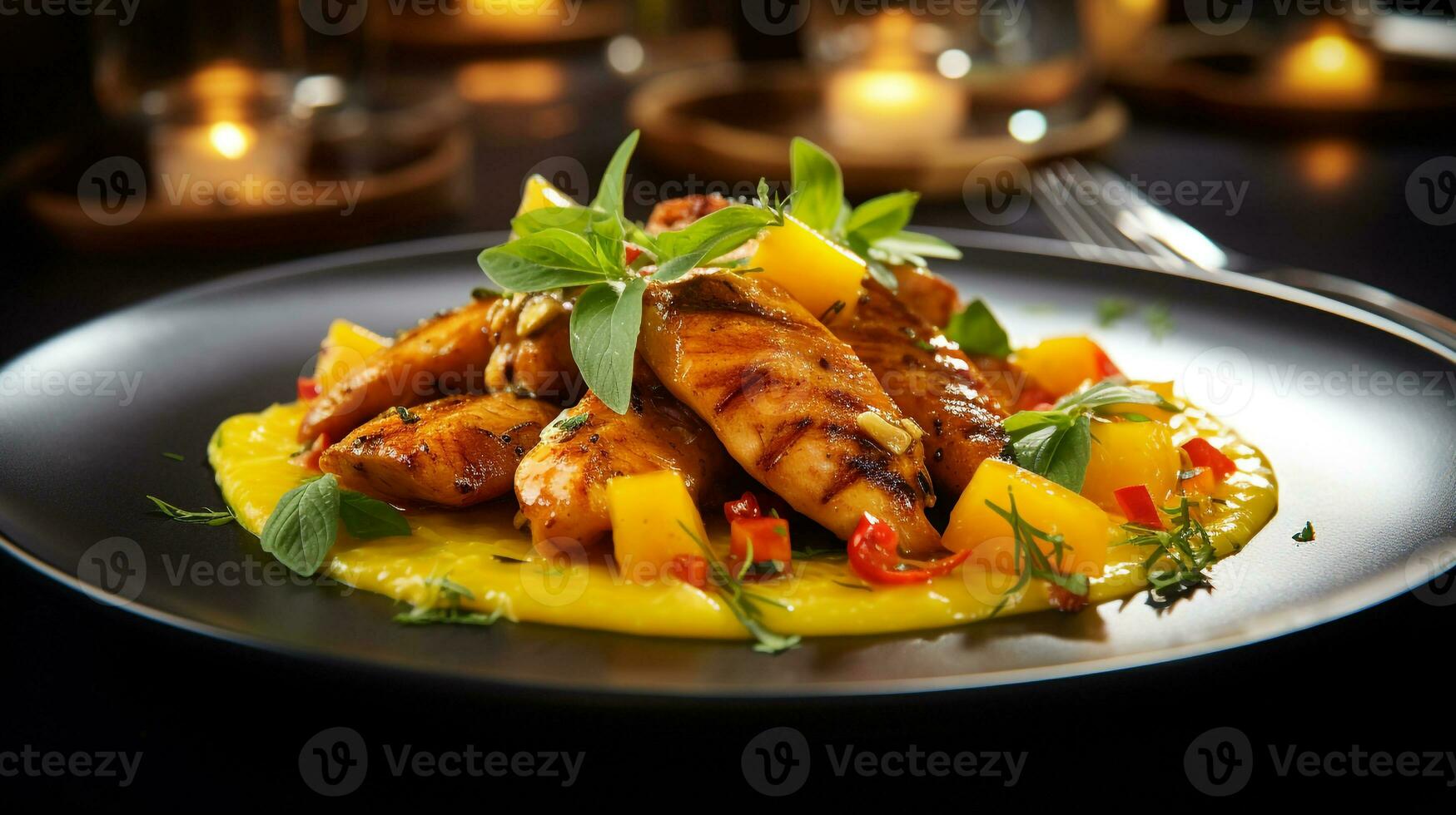 Photo of Spicy Mango Chicken as a dish in a high-end restaurant. Generative AI