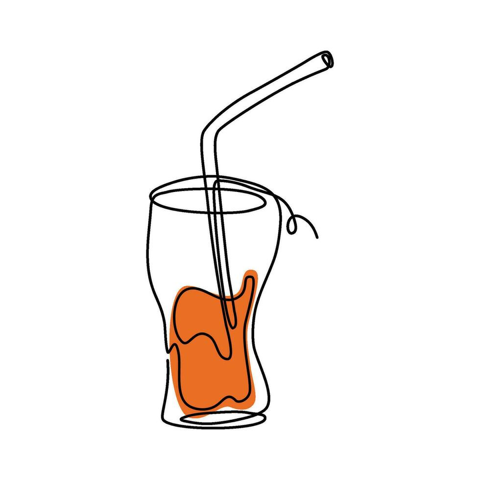 Continuous line drawing of drink in glass with cocktail straw.  Glass of red drink in simple linear style. Vector illustration.