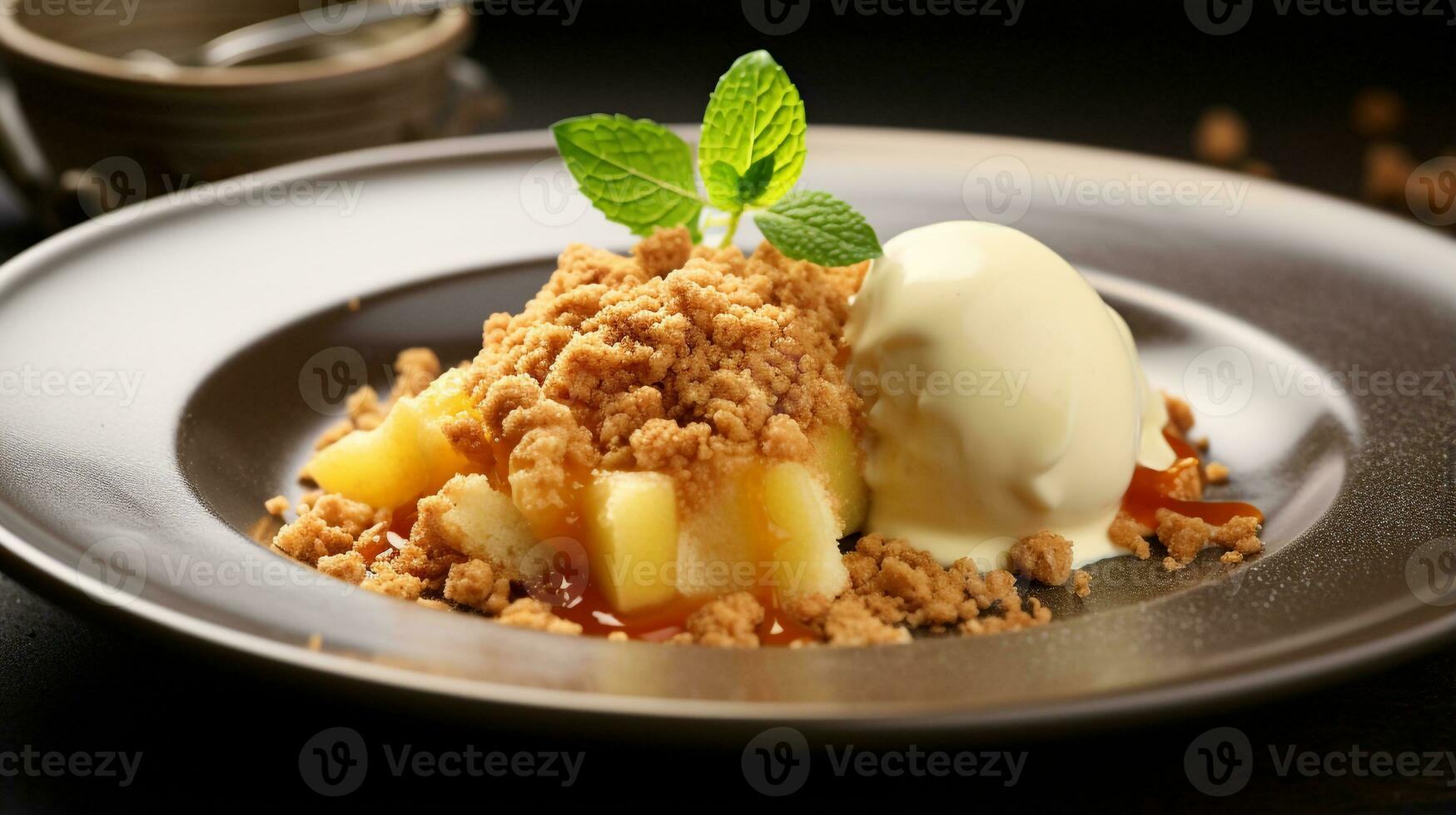 Photo of Apple Crumble as a dish in a high-end restaurant. Generative AI