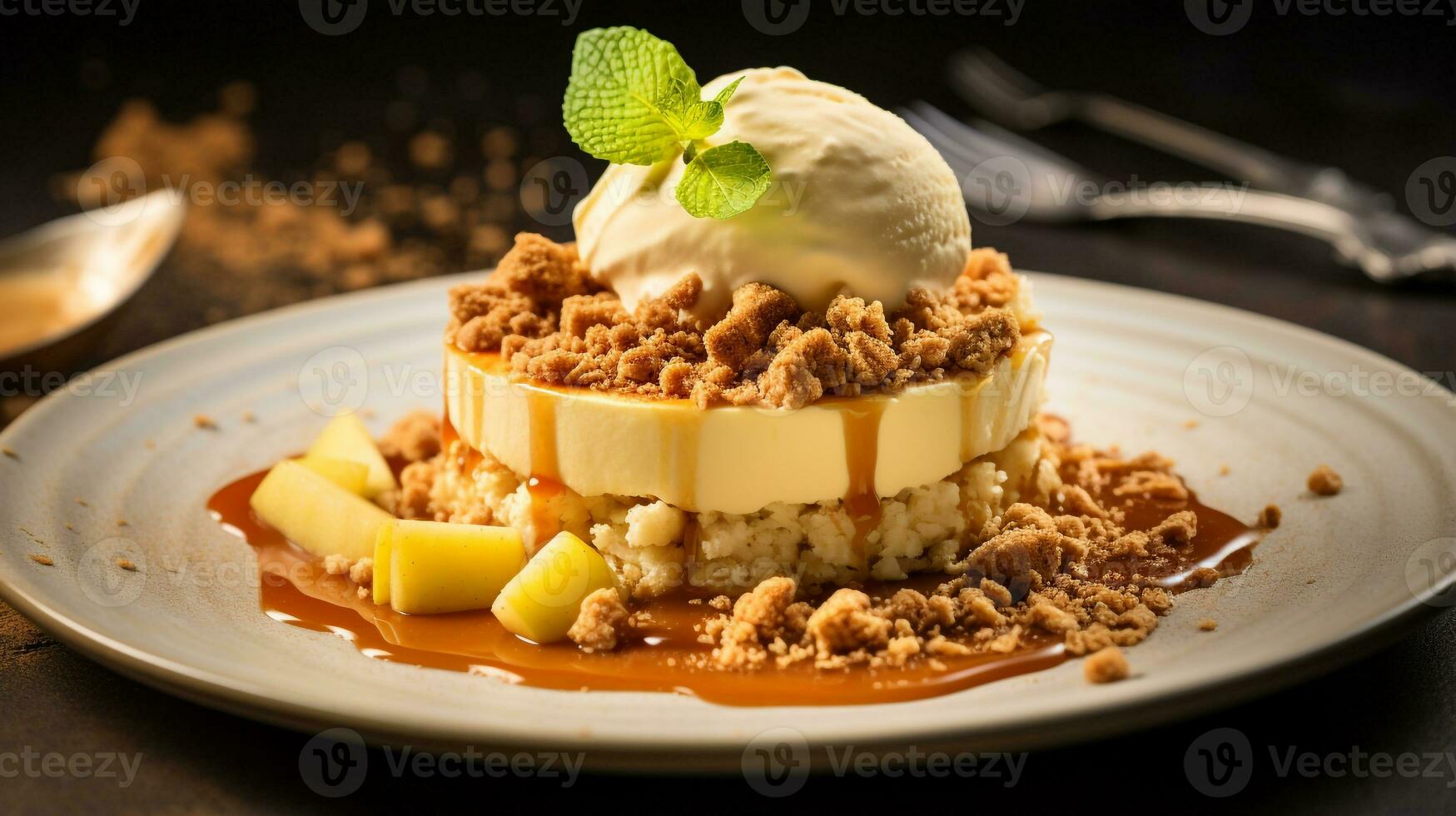 Photo of Apple Crumble as a dish in a high-end restaurant. Generative AI