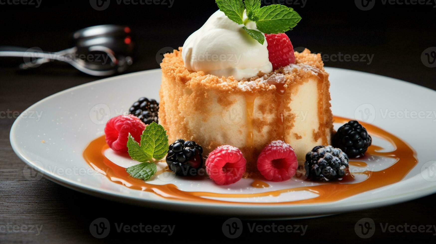 Photo of Angel Food Cake as a dish in a high-end restaurant. Generative AI