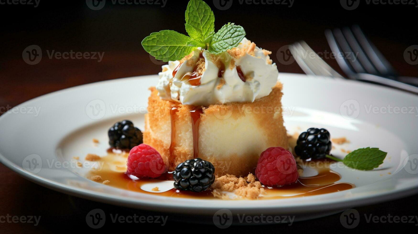 Photo of Angel Food Cake as a dish in a high-end restaurant. Generative AI