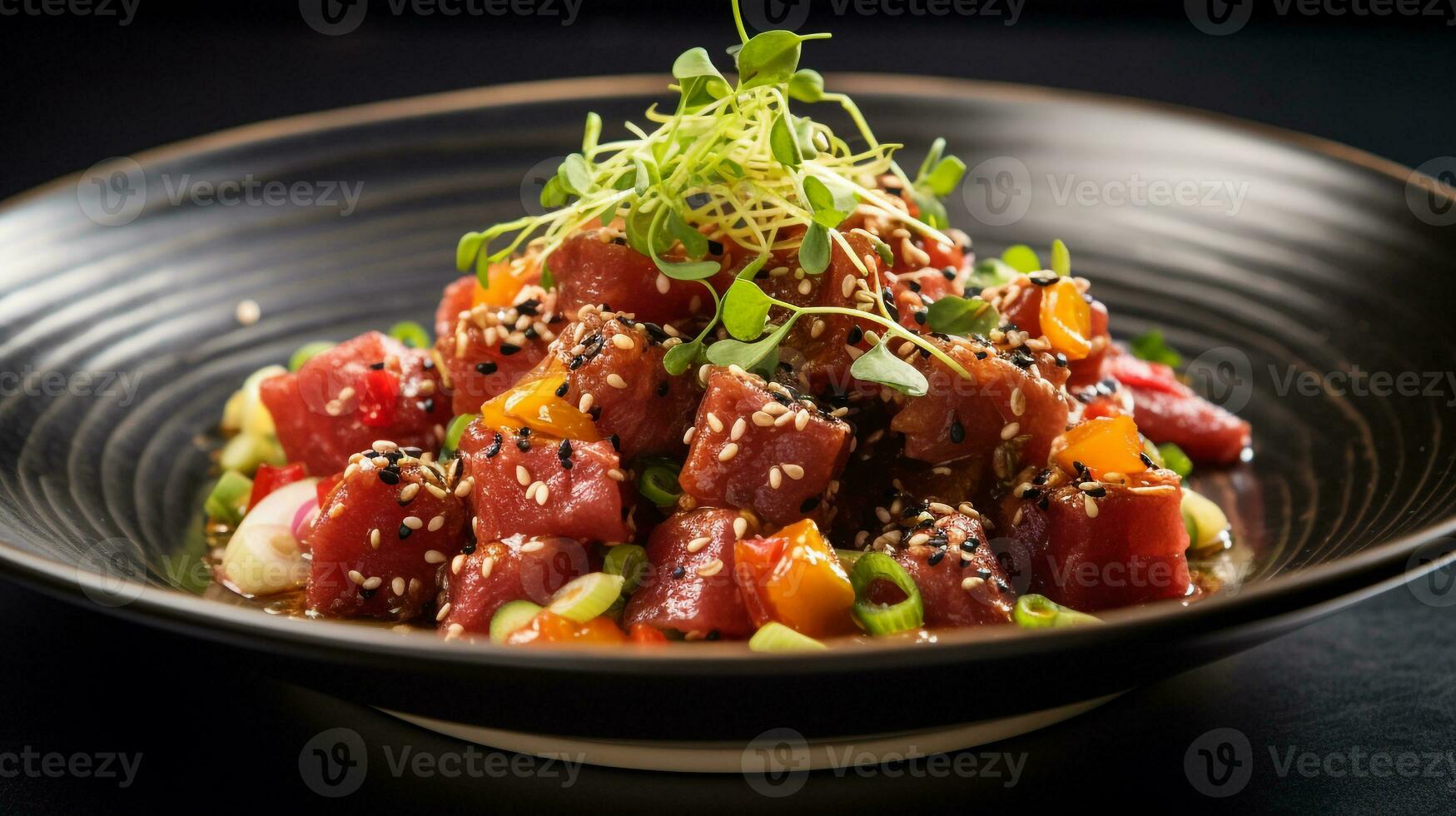 Photo of Ahi Poke as a dish in a high-end restaurant. Generative AI