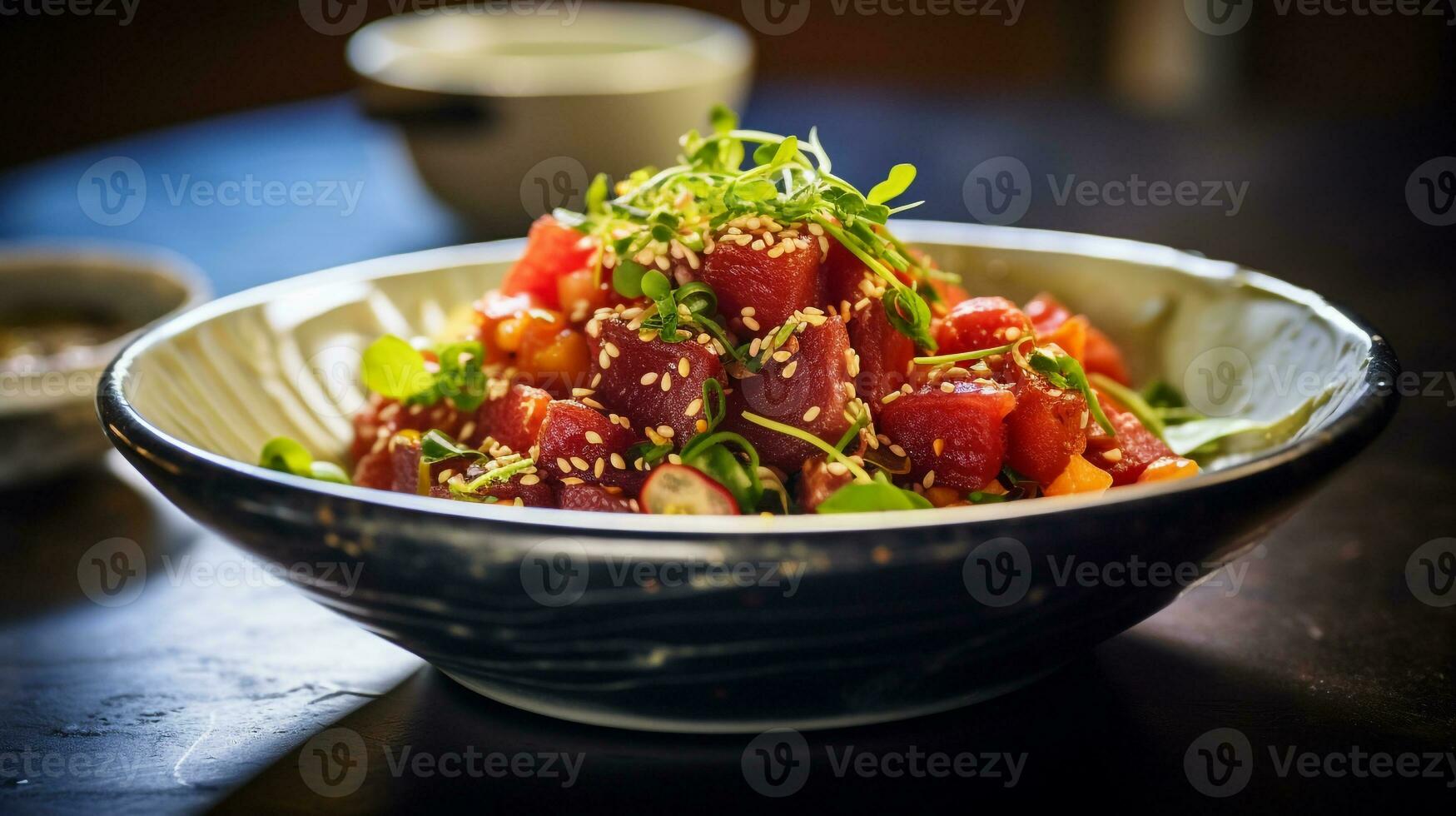 Photo of Ahi Poke as a dish in a high-end restaurant. Generative AI