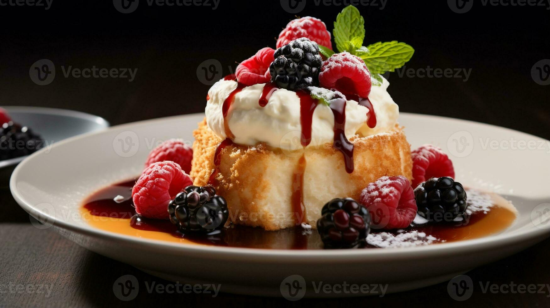 Photo of Angel Food Cake as a dish in a high-end restaurant. Generative AI