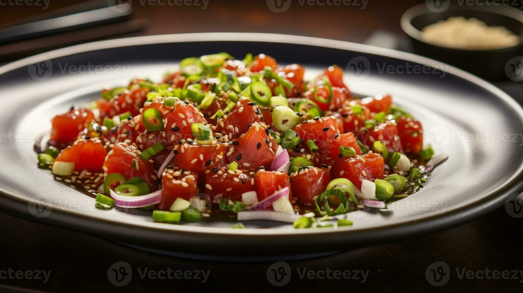 Photo of Ahi Poke as a dish in a high-end restaurant. Generative AI