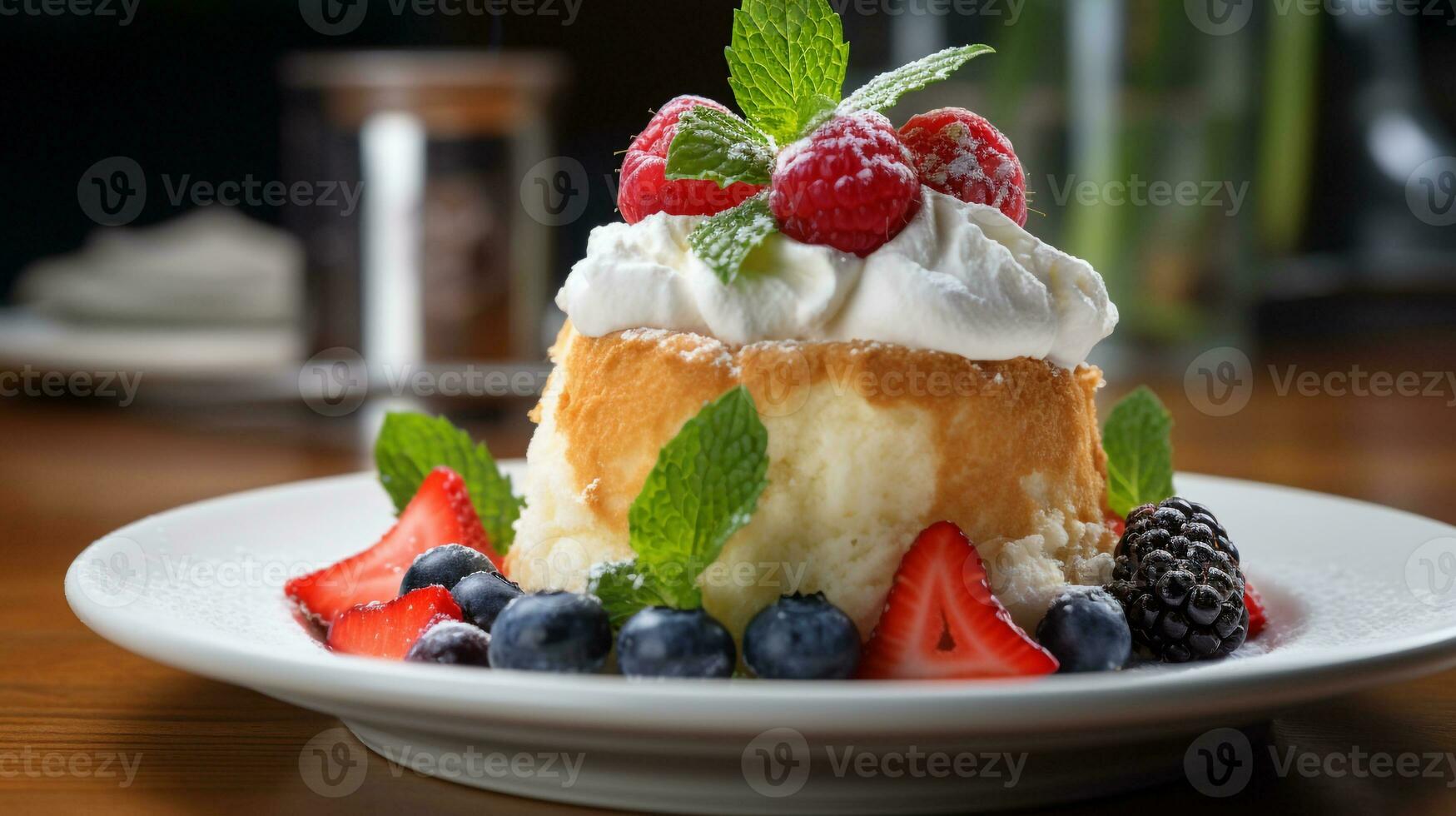 Photo of Angel Food Cake as a dish in a high-end restaurant. Generative AI