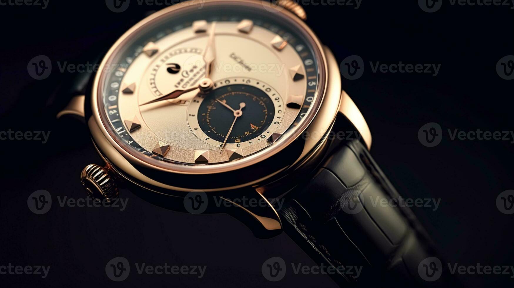 Luxury mens watch commercial concept, bespoke gold design on dark background, generative ai photo