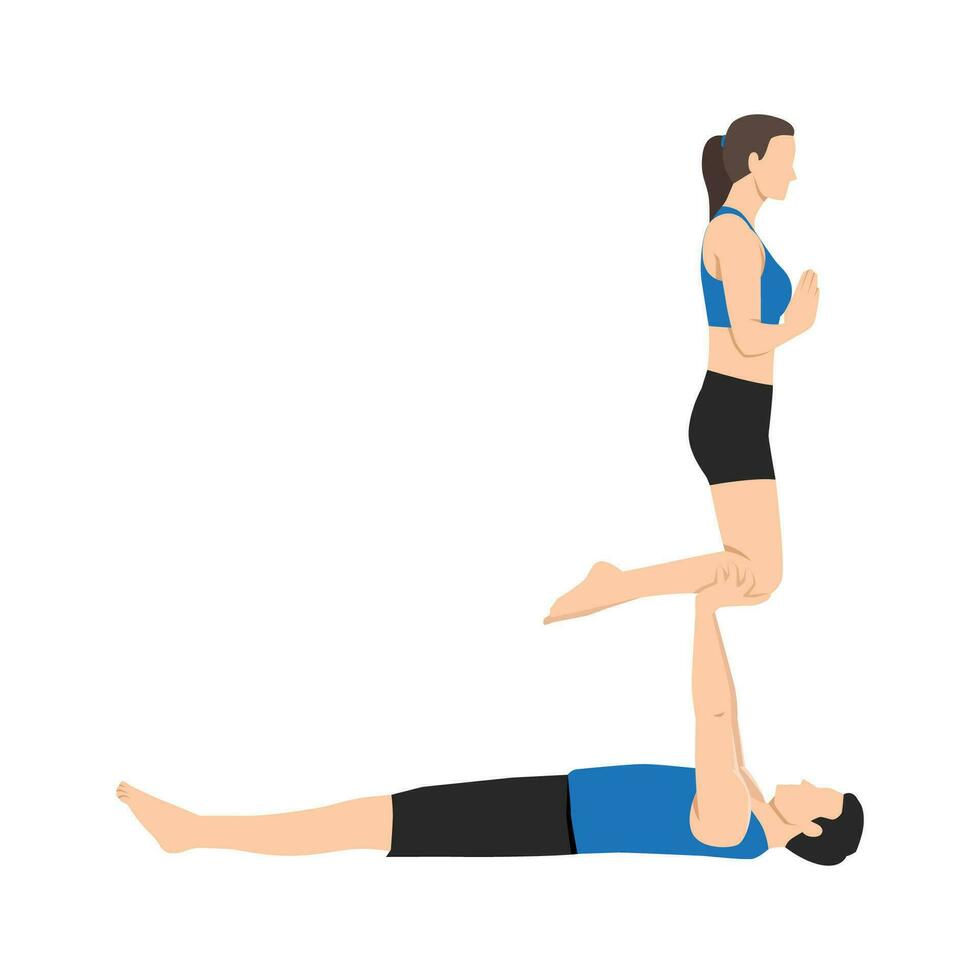 Young couple doing utkatasana couple or chair pose exercise. vector