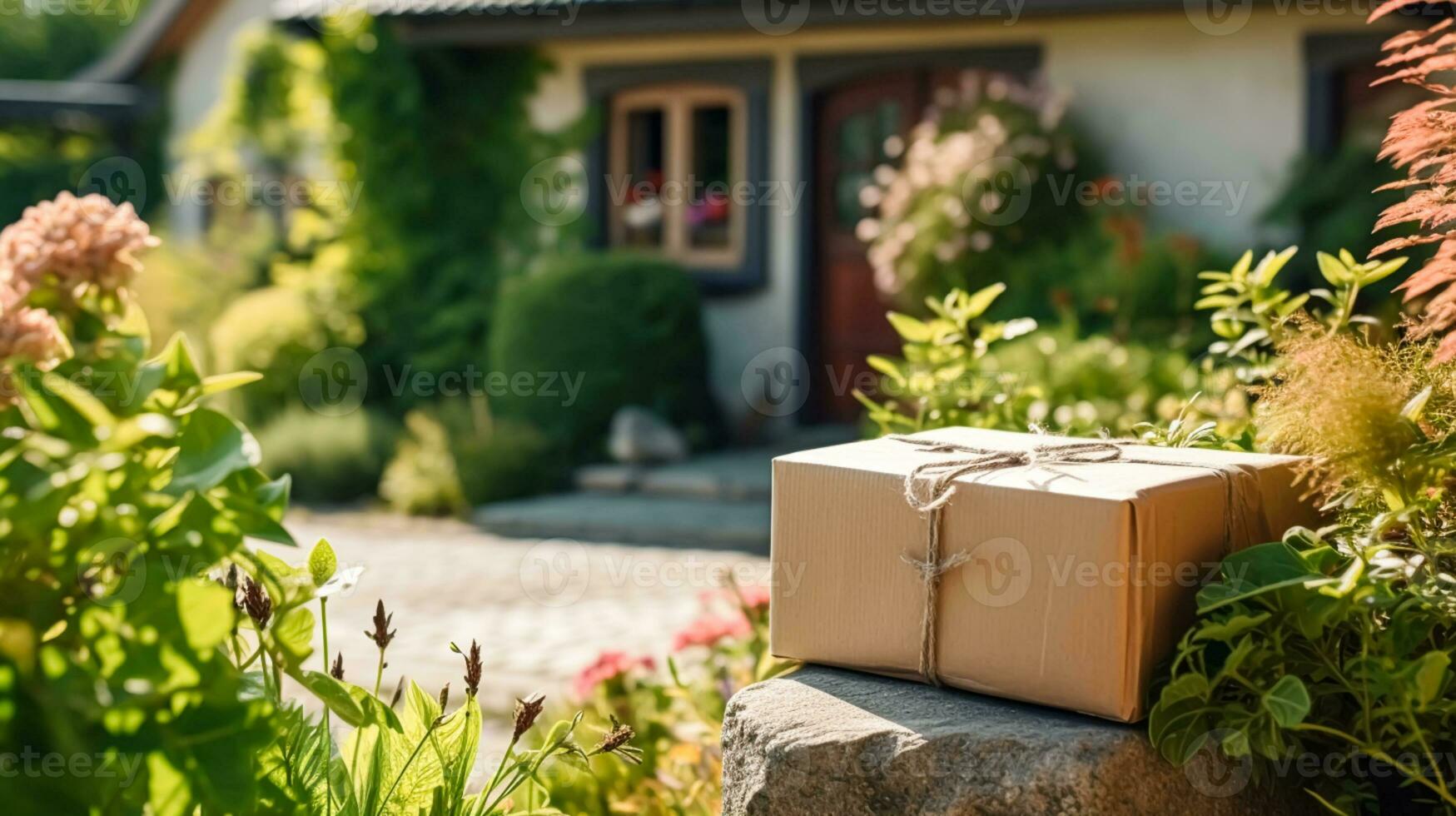 Postal service, home delivery and online shopping, parcel box on a house doorstep in the countryside, generative ai photo