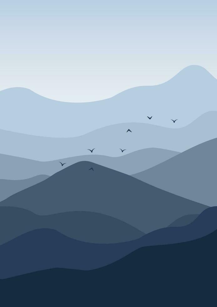Aesthetic minimalist fog mountains with flying birds poster print vector