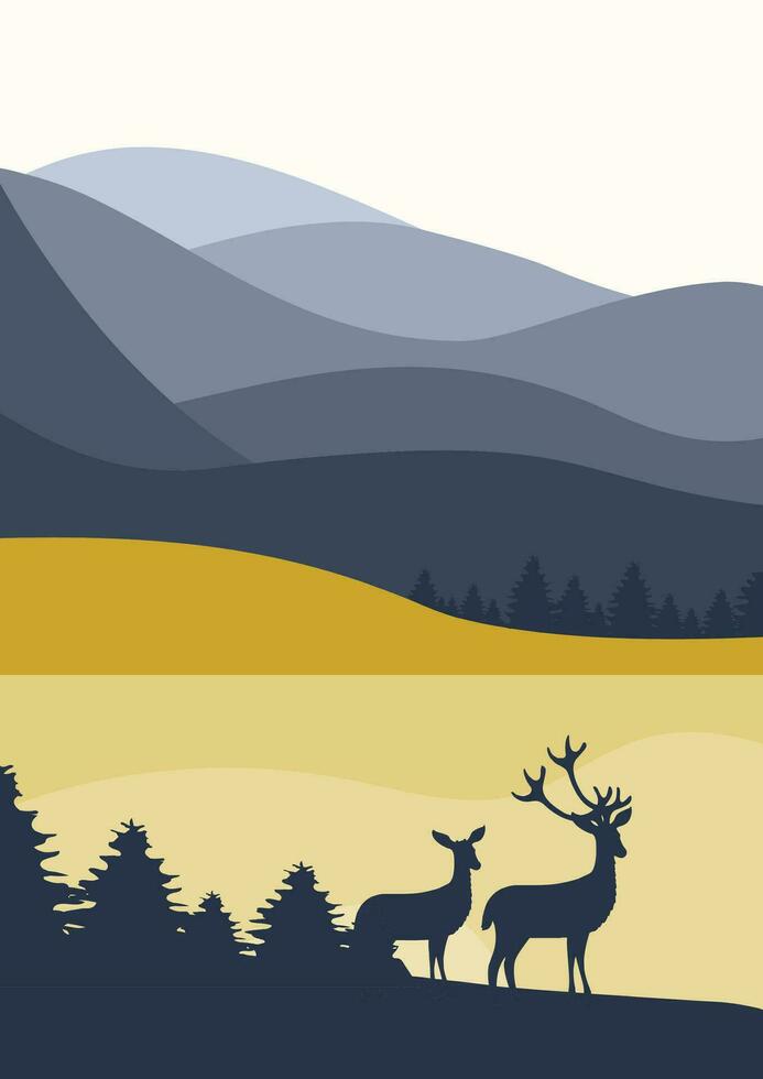 Minimalist blue landscape with wildlife in mountains printable wall art vector