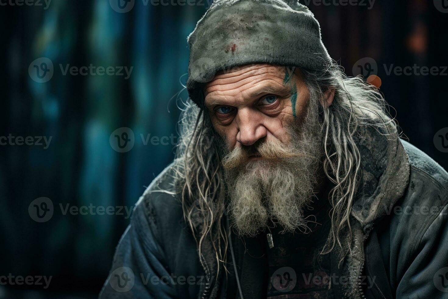 Homeless person close-up. An unkempt homeless man with long gray hair, a beard and mustache in an old dirty hat and clothes. Pure piercing gaze. Tramp, beggar. Social problems. AI generated photo