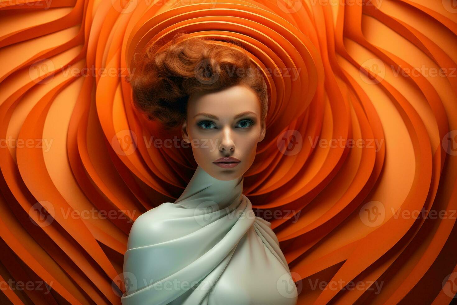 Futurism. Red-haired, blue-eyed, white-skinned girl model in art deco style. White dress, orange background. Avant-garde couture style. High-fashion. Poster, cover, magazine, banner, AI generated photo