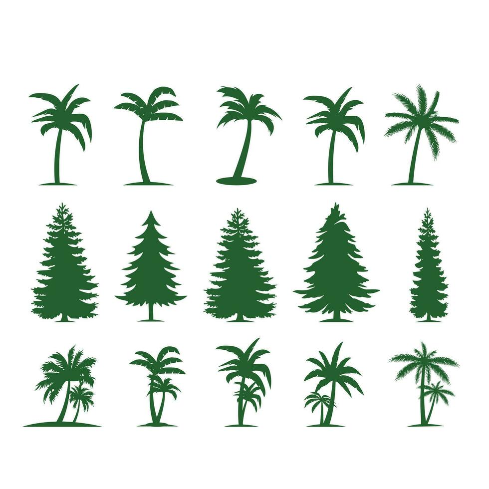 Palm trees are set isolated on a white background. Palm silhouettes. Design of palm trees for posters, banners, and promotional items. Vector illustration