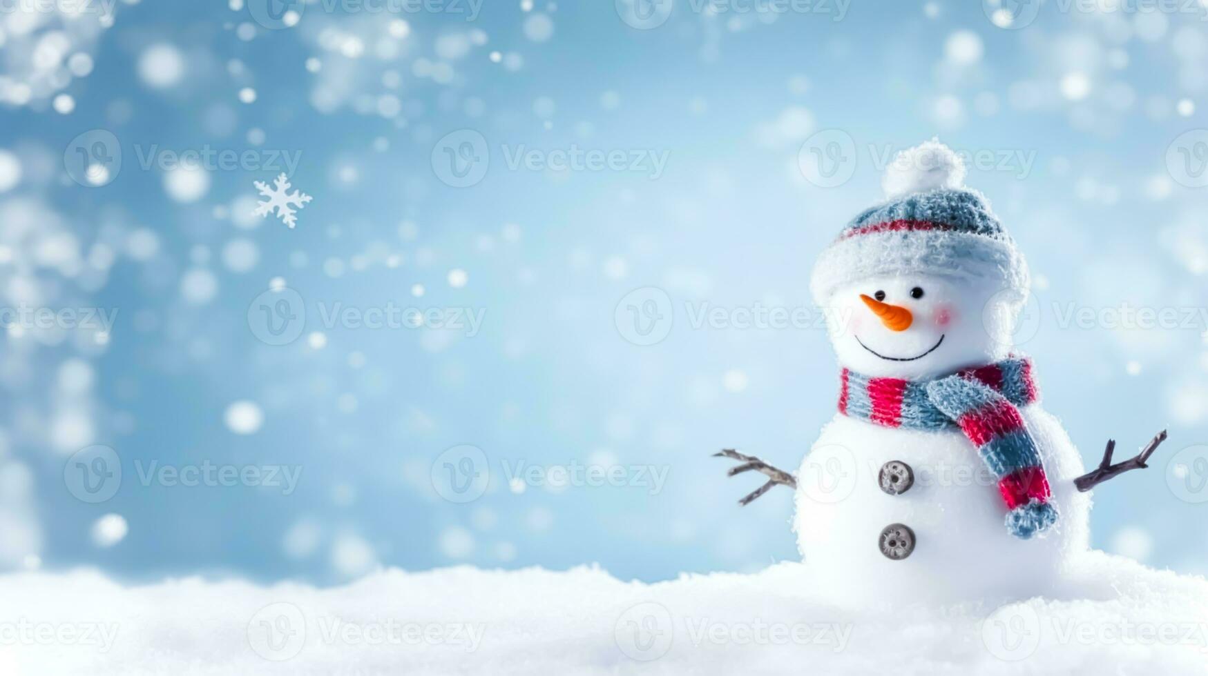 Funny snowman on Christmas holiday winter background, Merry Christmas and Happy Holidays wishes, generative ai photo