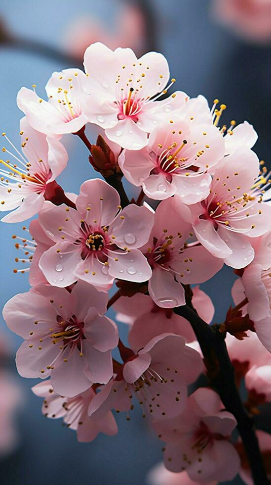 Pastel pink cherry blossoms bloom in a spring breeze. Vertical Mobile Wallpaper AI Generated photo