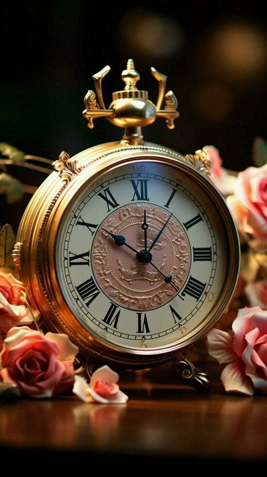 A rose vintage flower background complements the alarm clock beautifully Vertical Mobile Wallpaper AI Generated photo