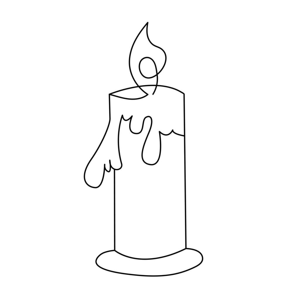 One continuous line drawing of candle lighted and Burning fire and melting candle Light in the dark black outline Vector illustration design