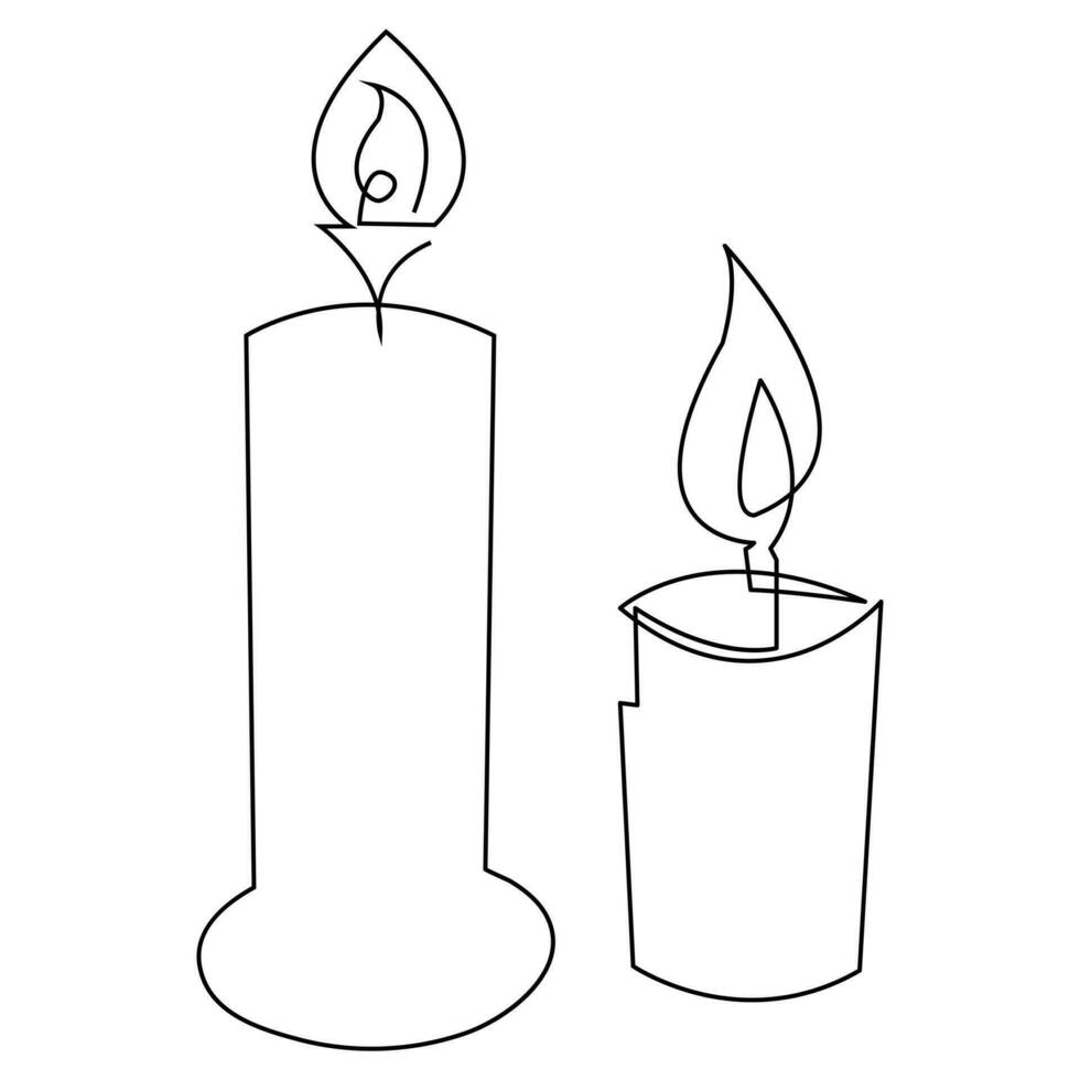 One continuous line drawing of candle lighted and Burning fire and melting candle Light in the dark black outline Vector illustration design