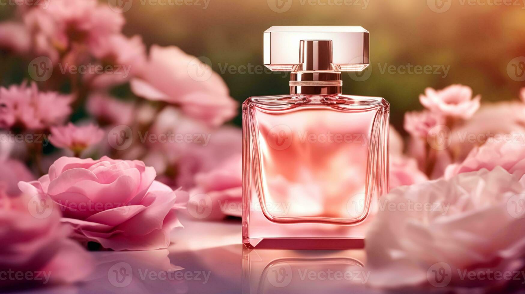 lujoso floral aroma, fragancia botella y rosado flores, perfume comercial en flor jardín, hecho a la medida perfumería y belleza producto venta, generativo ai foto