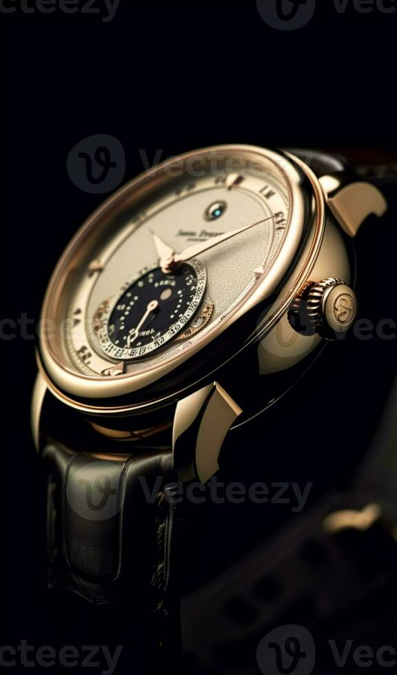 Luxury mens watch commercial concept, bespoke gold design on dark background, generative ai photo