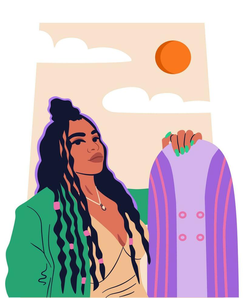 Beautiful Hispanic woman with skateboard. Young female with dreadlocks, in green jacket. vector