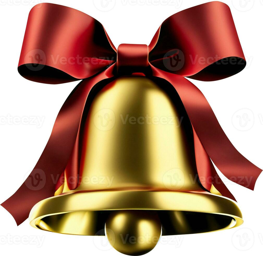 Golden glossy cut out bell with red bow AI Generated photo