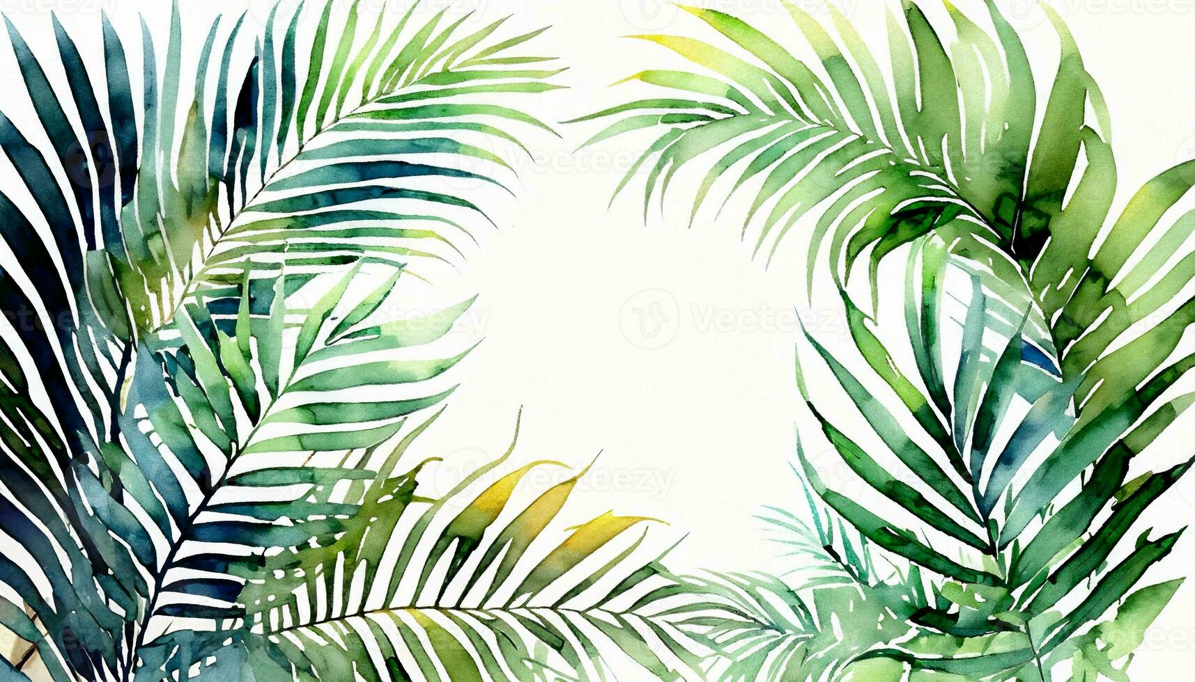 Exotic watercolor tropical frame border palm tree. Summer background. AI Generative photo