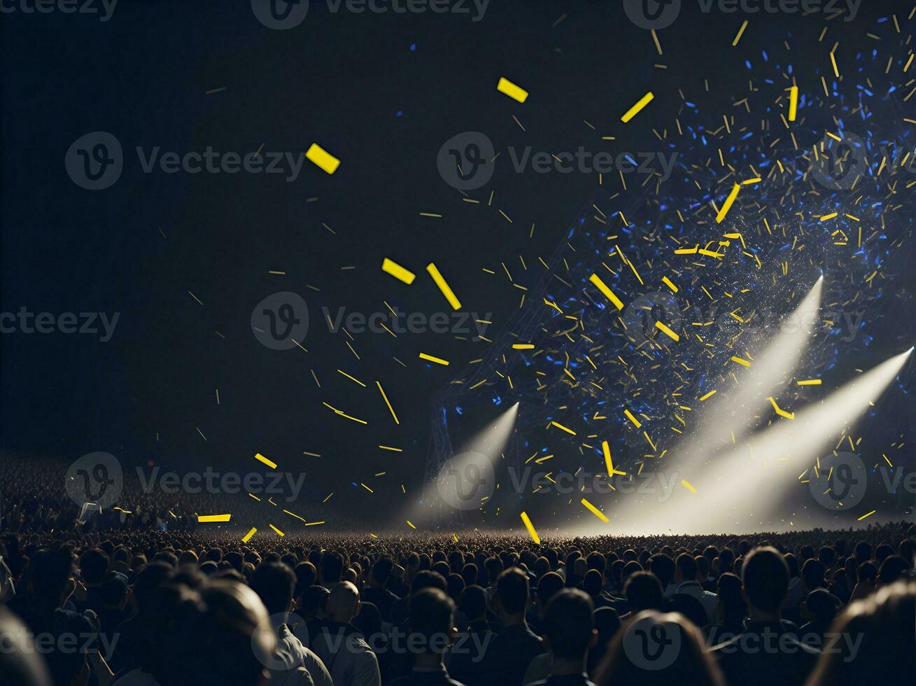 Crowd at a concert with hands up. Scene stage lights, rock festival. AI Generated photo