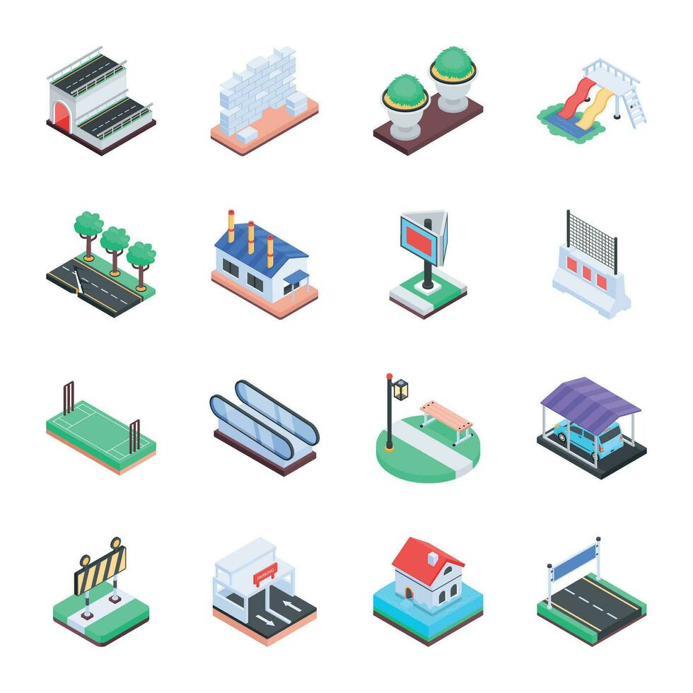 Collection of City Construction Isometric Illustrations vector