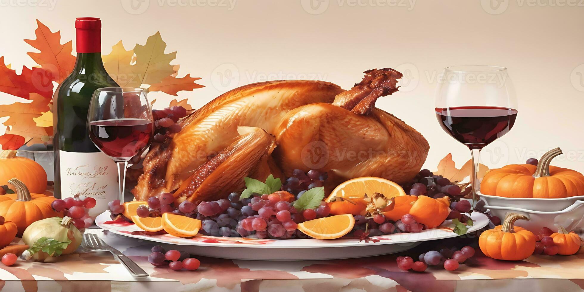 Watercolor thanksgiving dinner with turkey  generated by Ai photo