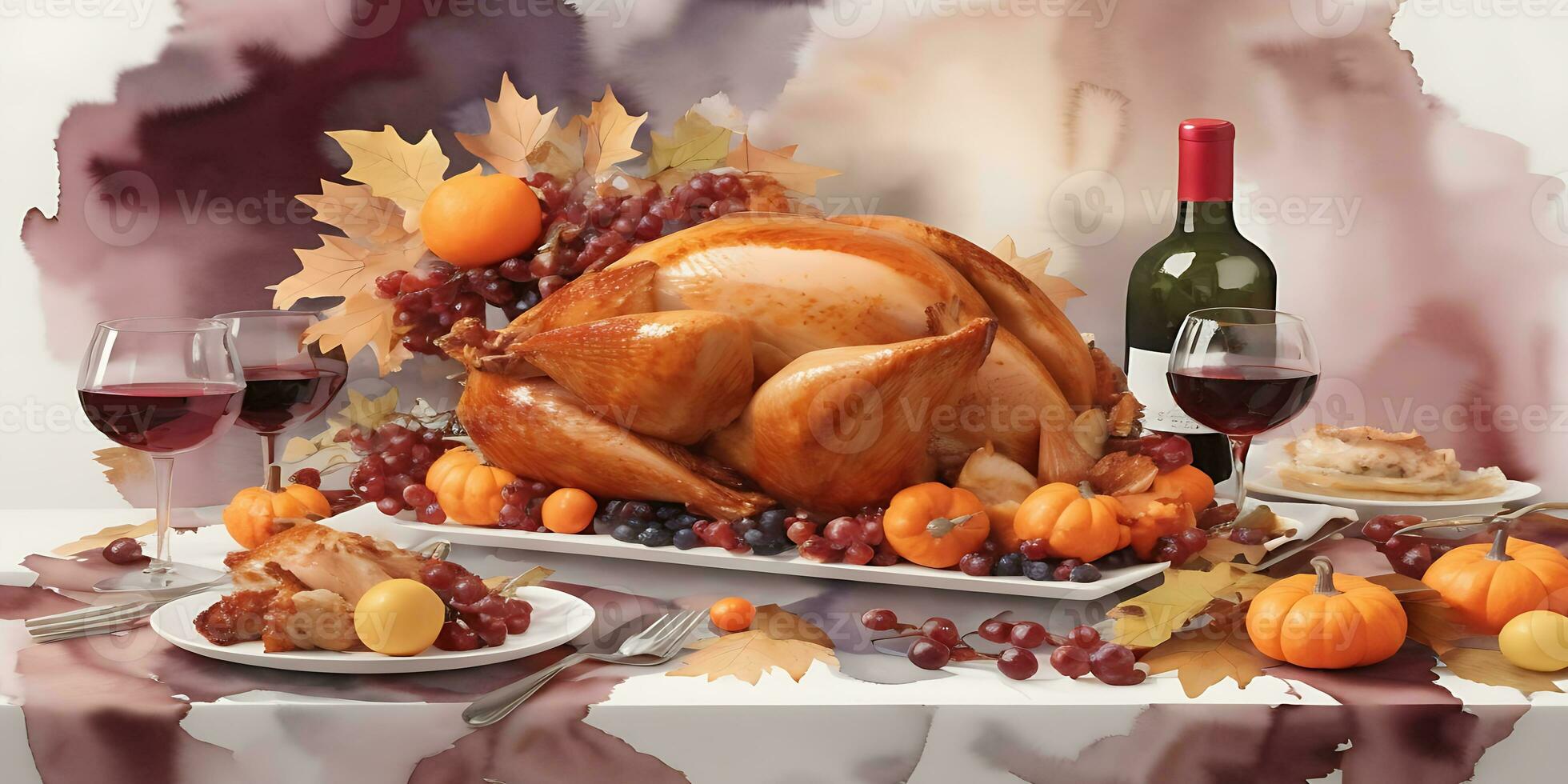 Watercolor thanksgiving dinner with turkey  generated by Ai photo
